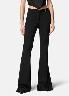 Tailored pants in a stretch wool blend, featuring a flared hem with an accent Medusa '95 hardware at the waistband. Luxury Black Fitted Pants, Luxury Tailored Flare Pants, Versace Pants Women, Luxury Black Flare Pants, Versace Pants, Flared Pants, Tailored Pants, Flare Pants, Online Design