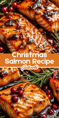 christmas salmon recipe with cranberry sauce and rosemary sprigs on the side