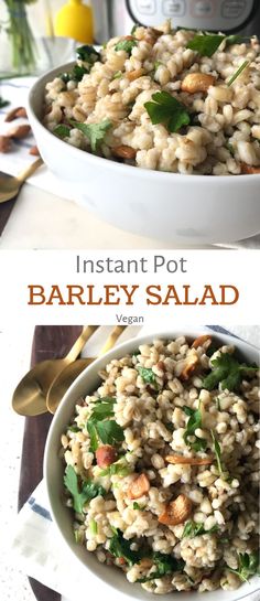 two bowls filled with barley salad on top of a table