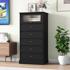 a black chest of drawers next to a potted plant and framed pictures on the wall