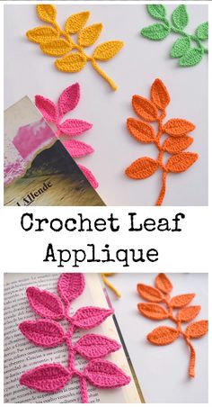 crochet leaf applique is shown in three different colors, and the leaves are