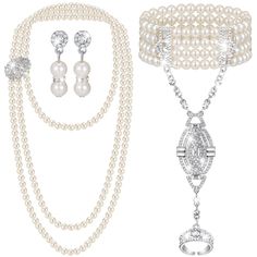 PRICES MAY VARY. 1920S Pearl Jewelry Set: the package comes with 1 pair of roaring 20s earrings, 1 piece of flapper bracelet and 1 piece of flapper pearl necklace, the good combination can make a bright addition to your overall outfit and make you look delicate Size Details: the 1920s pearl necklace is approx. 59 inches in length, the inner circle of the pearl bracelet is about 8 inches and flexible, earrings length is about 2.36 inches, obvious dangle can bring out your temperament Reliable Mat 20s Earrings, Roaring 20s Earrings, 1920 Jewelry, Flapper Jewelry, Pearl Costume, 1920s Women, The Inner Circle, Material Combination, Pearl Jewelry Set