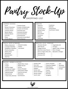 the pantry stock up shopping list is shown in black and white with text overlay