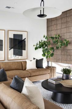 a living room filled with furniture and a potted plant