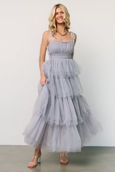 Alora Tulle Tiered Maxi Dress | Dusty Slate Ethereal Dress, Ruffle Maxi Skirt, Tulle Material, Destination Dress, Tulle Bridesmaid Dress, Baltic Born, Dress Dusty, Straight Neckline, Blue Bridesmaids