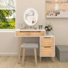 a desk with a mirror and stool in a room