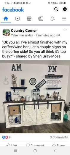 a facebook post with an image of a counter and shelves on the wall above it