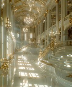 an ornately decorated hallway with chandeliers and white marble flooring is seen in this image