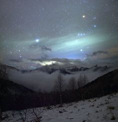 the night sky is filled with stars and clouds, as seen from a snowy mountaintop