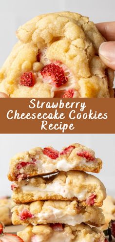 strawberry cheesecake cookies stacked on top of each other with the words, strawberry cheesecake cookies