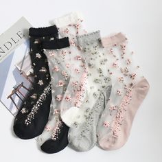 Transparent Flower Ankle Socks (5 Colours) - Ice Cream Cake Floral Socks, Sheer Socks, Sock Outfits, Stylish Socks, Lace Socks, Cute Socks, Fashion Socks, Short Socks