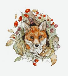 a painting of a fox surrounded by leaves and berries