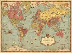 an old world map with all the countries and major cities on it's sides