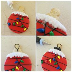 four pictures show how to decorate a christmas ornament with icing and lights