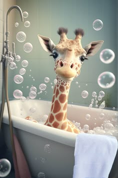 a giraffe in a bathtub with soap bubbles