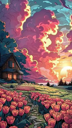 a painting of a house in the middle of a field full of tulips