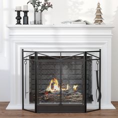 a fireplace with a fire burning inside of it