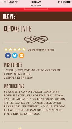 the recipe for cupcake latte is shown in this screenshoter's menu