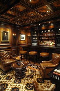 an elegant bar with leather chairs and stools