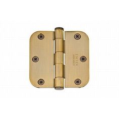 a brass plated door hinge with two screws on the front and side