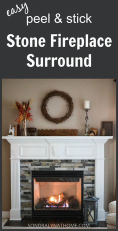 a fireplace with the words stone fireplace surround