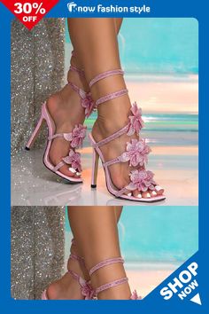 knowfashionstyle Pink PU Casual Rhinestone Decor Flower Shape Square Out Door Shoes High Heel Sandals Door Shoes, 7 Inch Heels, Flower Shapes, Pink High Heels, Square Toe Sandals, Floral Heels, Soft Pink Color, Open Toe High Heels, Love And Co