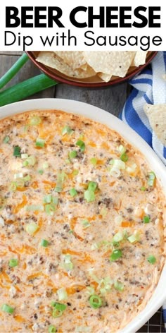 beer cheese dip with sausage in a white bowl