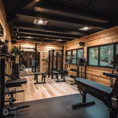 a home gym with wooden walls and flooring