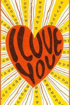 an orange heart with the words love you written on it in black lettering, surrounded by yellow and red rays