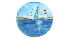 a painting of a sailboat in the ocean with birds flying around it on a white background