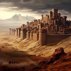 a castle in the middle of a desert with people walking around it and mountains in the background