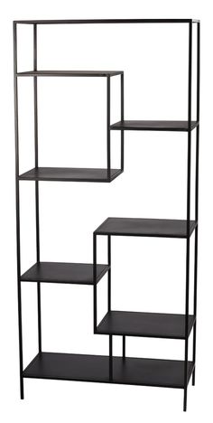 three black shelves with one shelf on each side and the other is open to reveal an empty