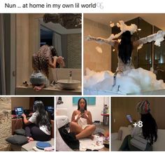 four different pictures of women in the bathroom and one is taking a selfie with her cell phone