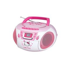 a pink hello kitty boombox radio on a white background