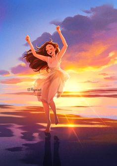 a woman in a white dress running on the beach at sunset with her arms up