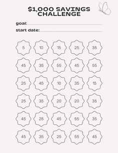 the free printable $ 100 savings challenge is shown in black and white, with numbers on