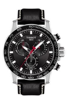 From a new Tissot collection, this robust Swiss chronograph sports watch features straight lines and sharp edges within a bold, dynamic design. Housed behind a scratch-resistant sapphire crystal face, its three subdials break down units of measurement into 30 minutes, 60 seconds and 1/10 second, as well as offering split and add time functions for clocking laps with accurate Swiss-made precision. 45.5mm case Buckle closure Swiss quartz movement Rotating tachymeter bezel Date function Water-resistant to 10 ATM (100 meters) Scratch-resistant sapphire crystal face 316L stainless steel/leather Swiss made Tissot Chronograph, Chrono Watches, Tissot Watches, Mens Chronograph, Black Leather Bracelet, Chronograph Watch Men, Brown Leather Strap, Super Sport, Black Watch