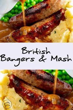 two sausages and mashed potatoes with gravy being drizzled over them