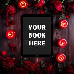 a tablet surrounded by roses and candles with the words your book here written on it