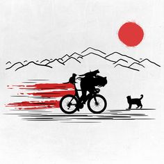 a person riding a bike with a dog on the back and mountains in the background