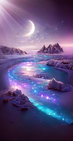 an image of a river with stars and lights in the water