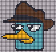 a pixellated image of a blue bird wearing a hat and holding a yellow beak