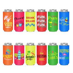 six different types of can coolers in various colors and designs, each with the same name