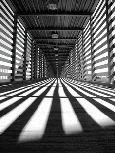 an empty walkway with long shadows cast on the wall and floor, in black and white