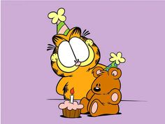 garfield the cat with a birthday hat and cupcake