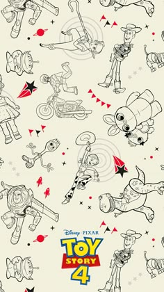 the toy story 2 movie poster is shown in black and white, with cartoon characters all over it