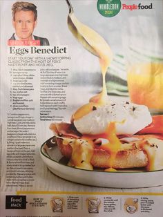 a newspaper article about eggs being drizzled with sauce on top of pancakes