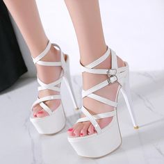 White Platform Stiletto Heel Sandals With Straps - High Heels Bridal Strappy Heeled Shoes #highheels #hothighheels #heelsoftheday #heelslover #heelsaddict #heels #sandalsheels #shoes #sandals #pumps #pumpshoes #shoesaddict #shoestagram #womenshoes #blackshoes #platformpumps #platformhighheels White Heels With Straps, Strapped Platform Sandals For Party, White High Heel Wedge Sandals For Party, White Ankle Strap Wedge Sandals For Party, White Wedge Sandals With 4-inch Heel For Party, White High Heel Strappy Heels, White Open Toe Heels With Straps