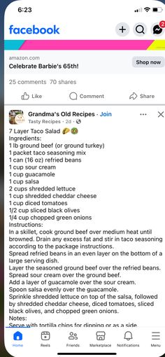 the facebook page for grandma's old recipes, which is on an iphone screen