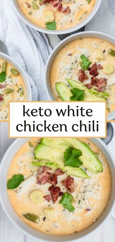 keto white chicken chili with avocado, bacon and cheese in a casserole dish